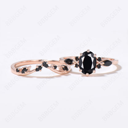 Cluster Oval Natural Black Onyx Engagement Ring Set