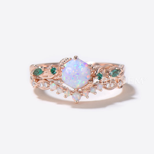 Leaf Vine Opal Bridal Ring Set 10K Rose Gold Hexagon Cut White Opal Engagement Ring Nature Inspired Branch Emerald Ring October Birthstone Ring