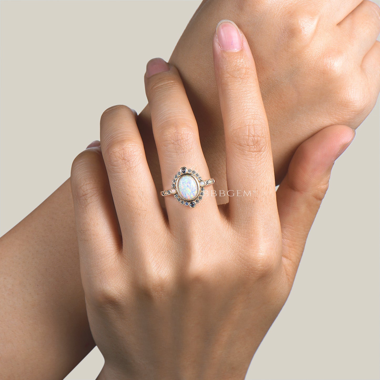 Unique Opal And London Blue Topaz Engagement Ring Rose Gold