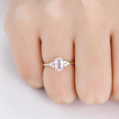 Dainty Rose Gold Rose Quartz Engagement Ring Diamond Ring Plain Gold Band