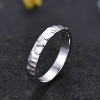 3mm Mens Hammered White Gold Wedding Band