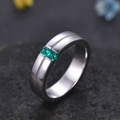 5mm Mens Princess Cut Emerald White Gold Wedding Band