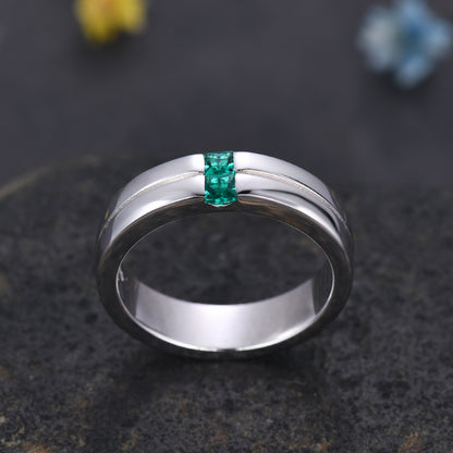 5mm Mens Princess Cut Emerald White Gold Wedding Band