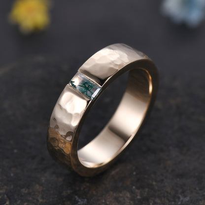 Baguette Green Moss Agate Mens Hammered Gold Wedding Band 5mm