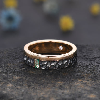 Moss Agate and Diamond Mens Hammered Rose Gold Wedding Band 5mm