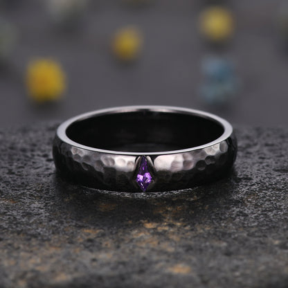 Amethyst Mens Hammered Black Gold Wedding Band 5mm