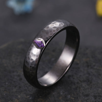 Amethyst Mens Hammered Black Gold Wedding Band 5mm