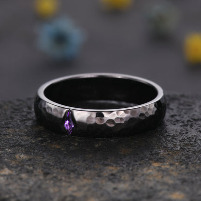 Amethyst Mens Hammered Black Gold Wedding Band 5mm