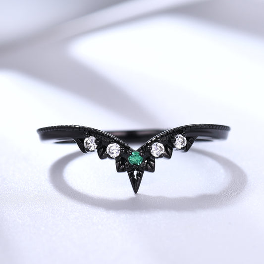 Emerald and Diamond Black Gold Wedding Ring V Chevron Band