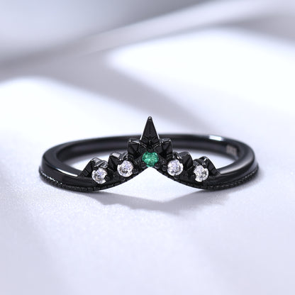 Emerald and Diamond Black Gold Wedding Ring V Chevron Band