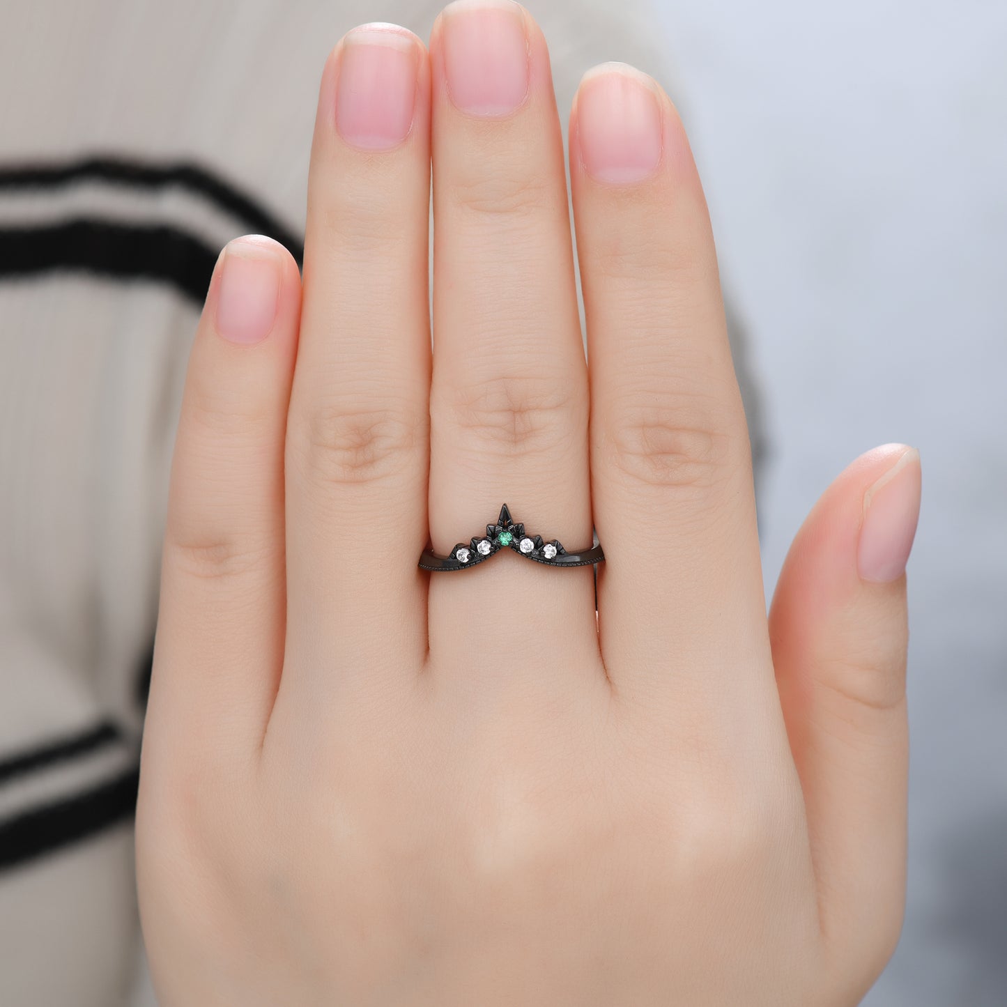 Emerald and Diamond Black Gold Wedding Ring V Chevron Band