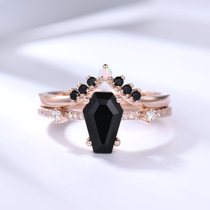 Black Onyx Coffin Gothic Engagement Ring Set Opal Stacking Ring