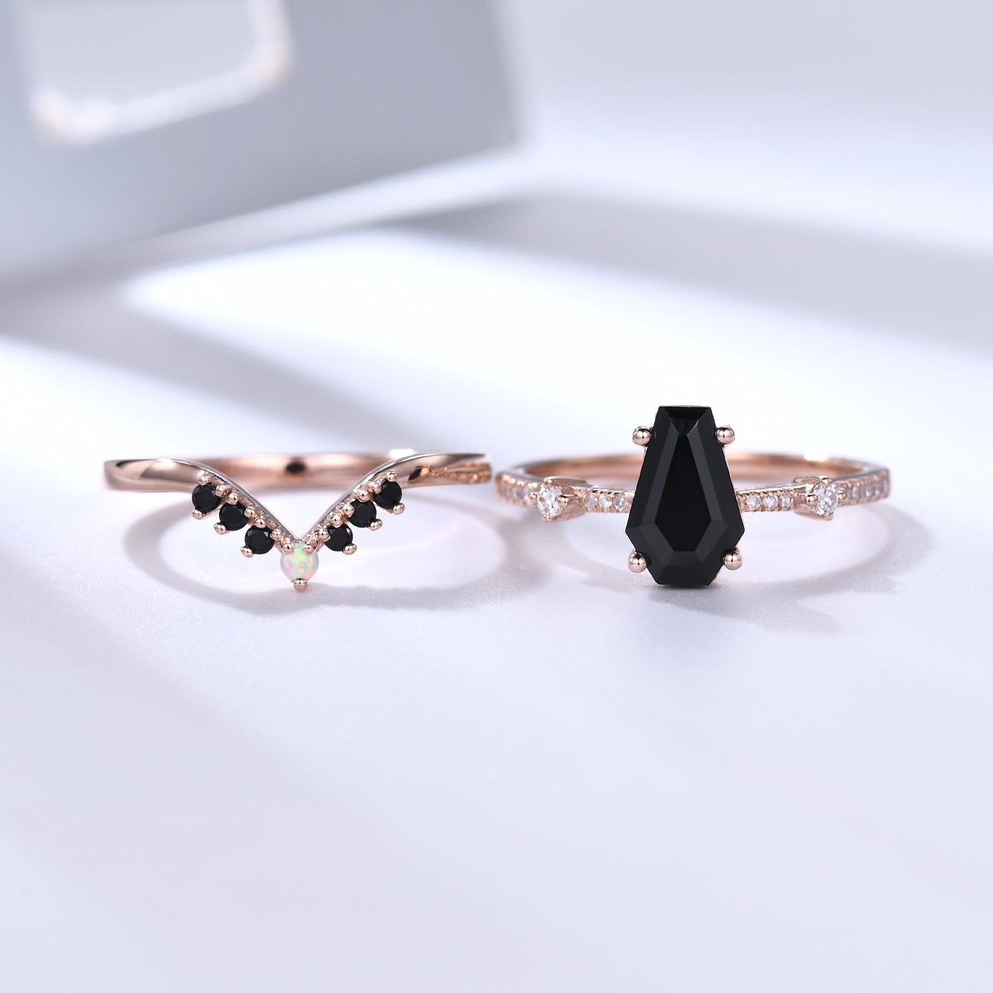 Black Onyx Coffin Gothic Engagement Ring Set Opal Stacking Ring