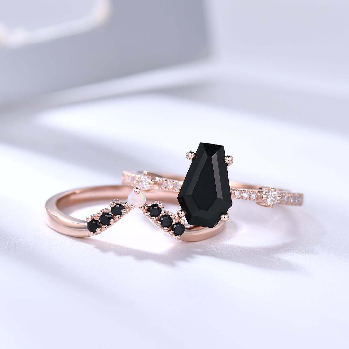 Black Onyx Coffin Gothic Engagement Ring Set Opal Stacking Ring