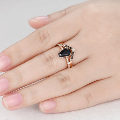 Black Onyx Coffin Gothic Engagement Ring Set Opal Stacking Ring