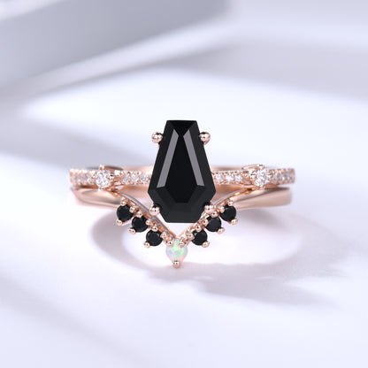 Black Onyx Coffin Gothic Engagement Ring Set Opal Stacking Ring