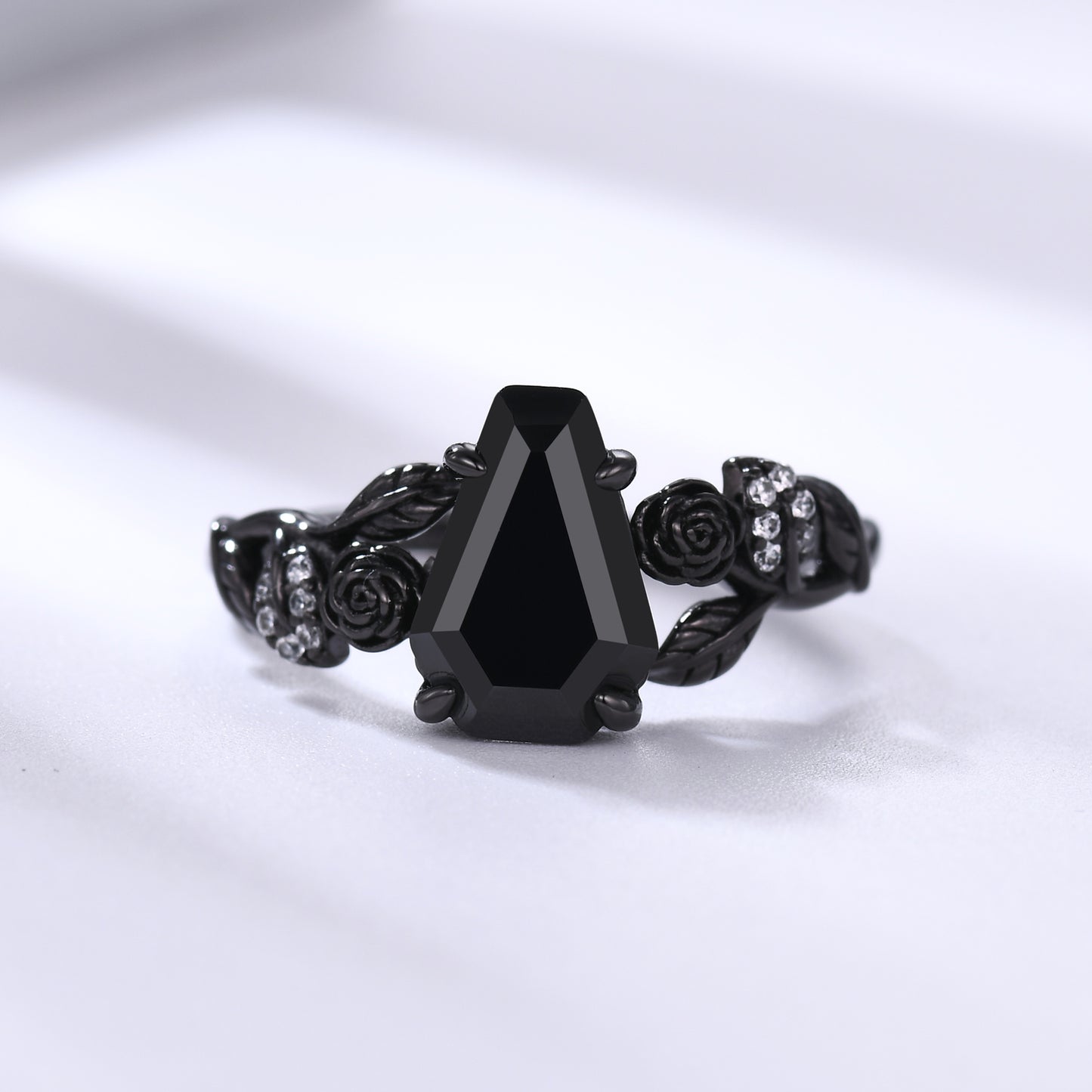 Nature Inspired Black Onyx Coffin Gothic Engagement Ring Unique Black Gold Flower