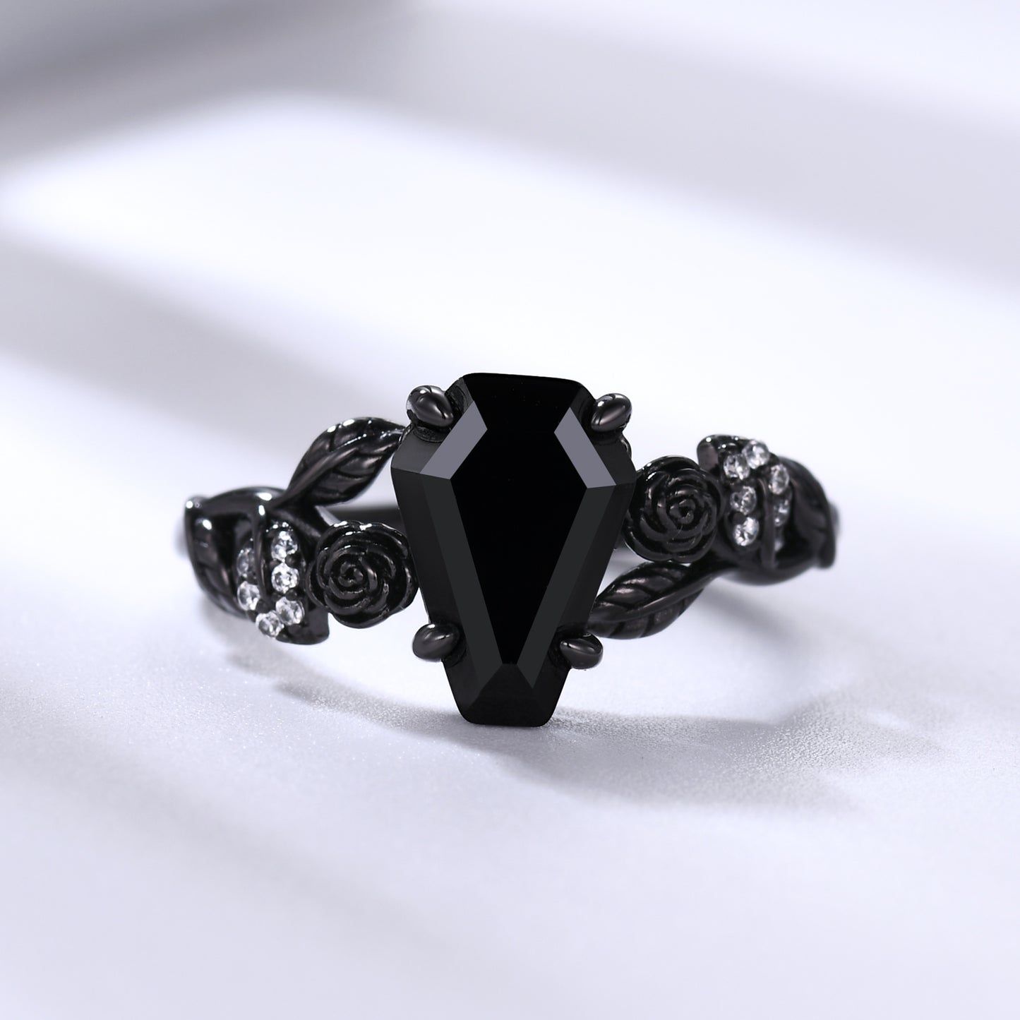 Nature Inspired Black Onyx Coffin Gothic Engagement Ring Unique Black Gold Flower