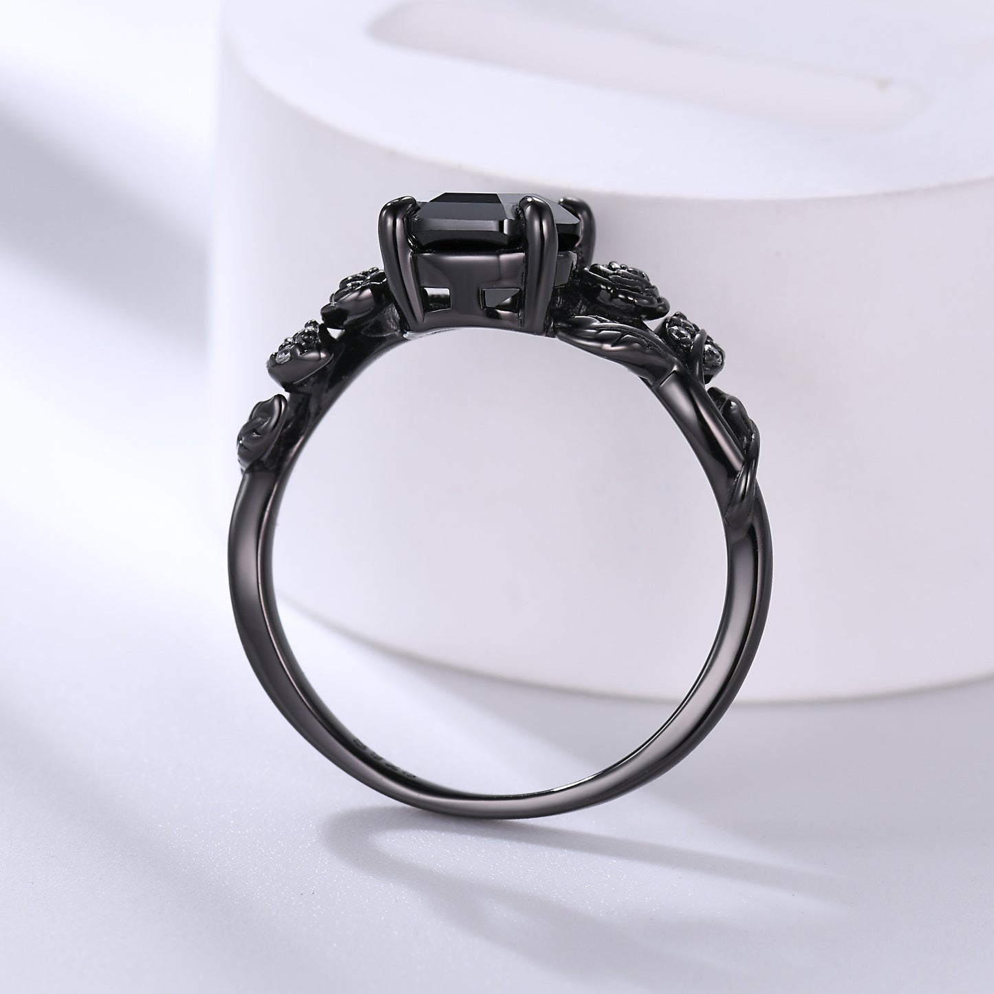 Nature Inspired Black Onyx Coffin Gothic Engagement Ring Unique Black Gold Flower