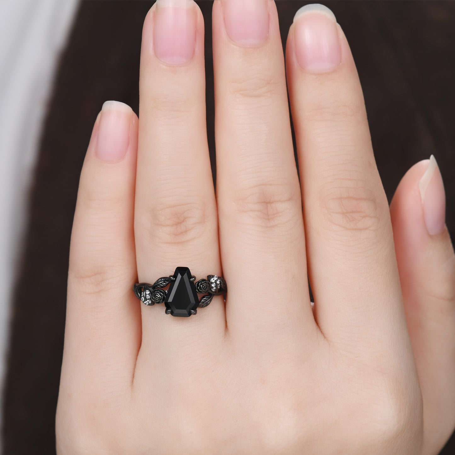 Nature Inspired Black Onyx Coffin Gothic Engagement Ring Unique Black Gold Flower