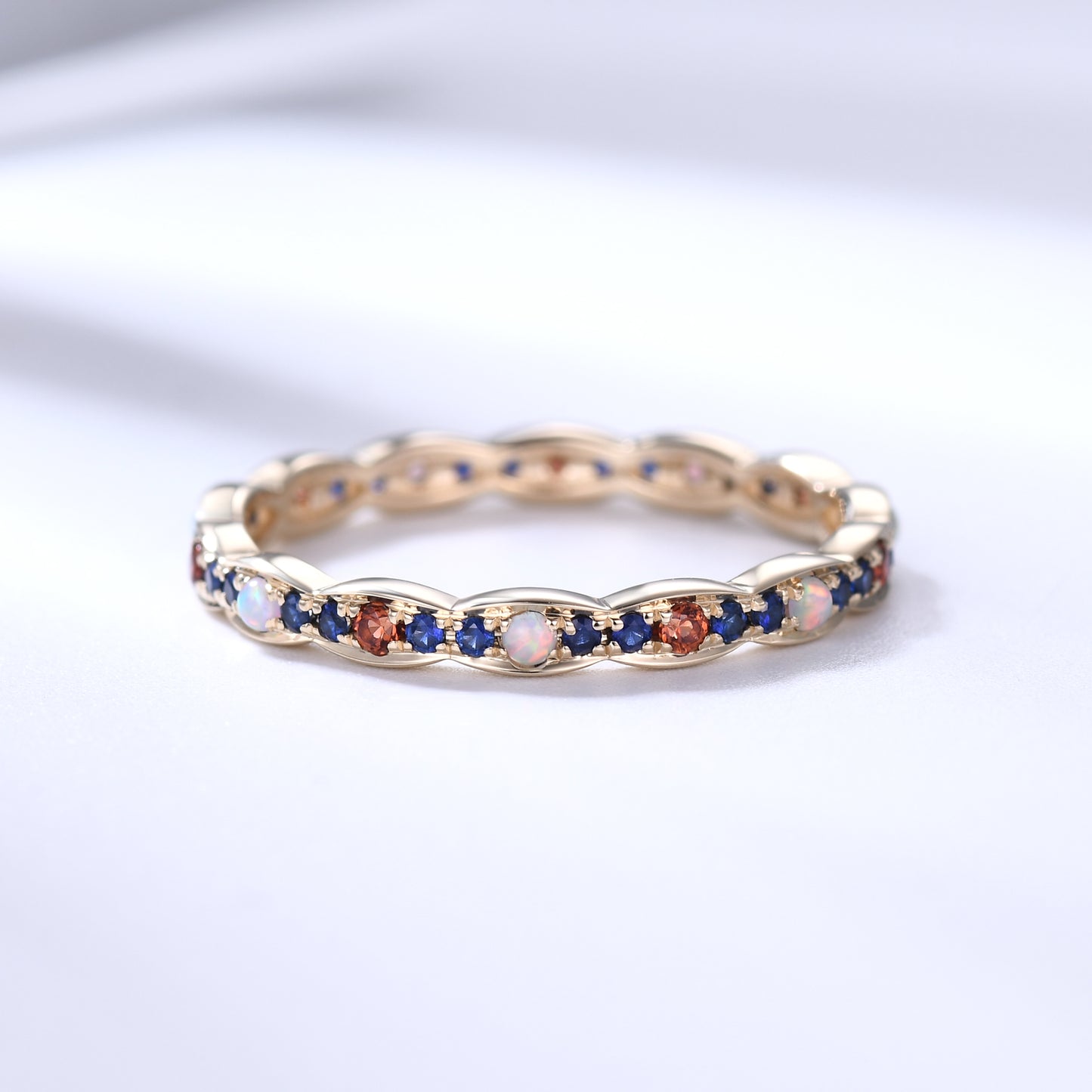 Opal Garnet Sapphire Yellow Gold Wedding Band Multiple Gemstone Full Eternity Ring