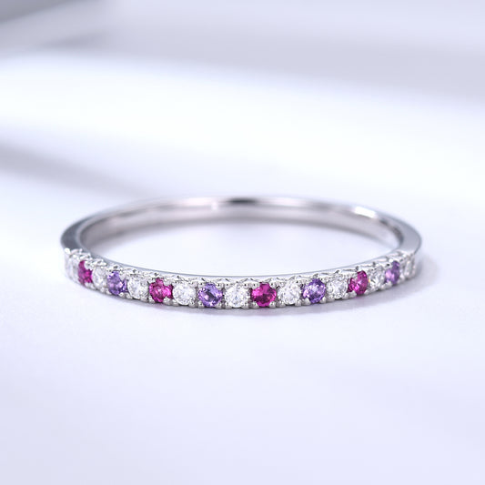 Multi Gemstone Wedding Band Half Eternity Moissanite Amethyst Ruby Stacking Ring