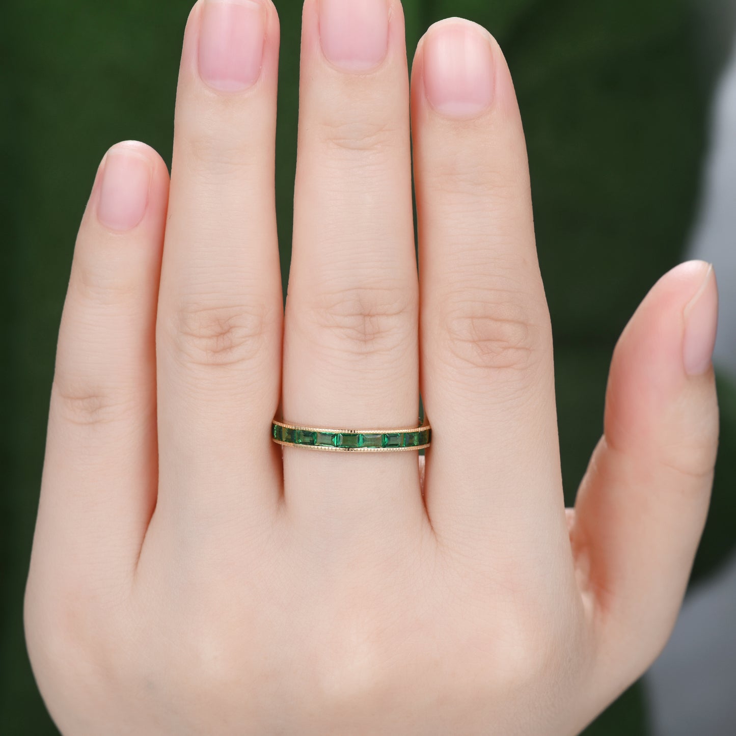 Milgrain Baguette Emerald Wedding Band Full Eternity Ring