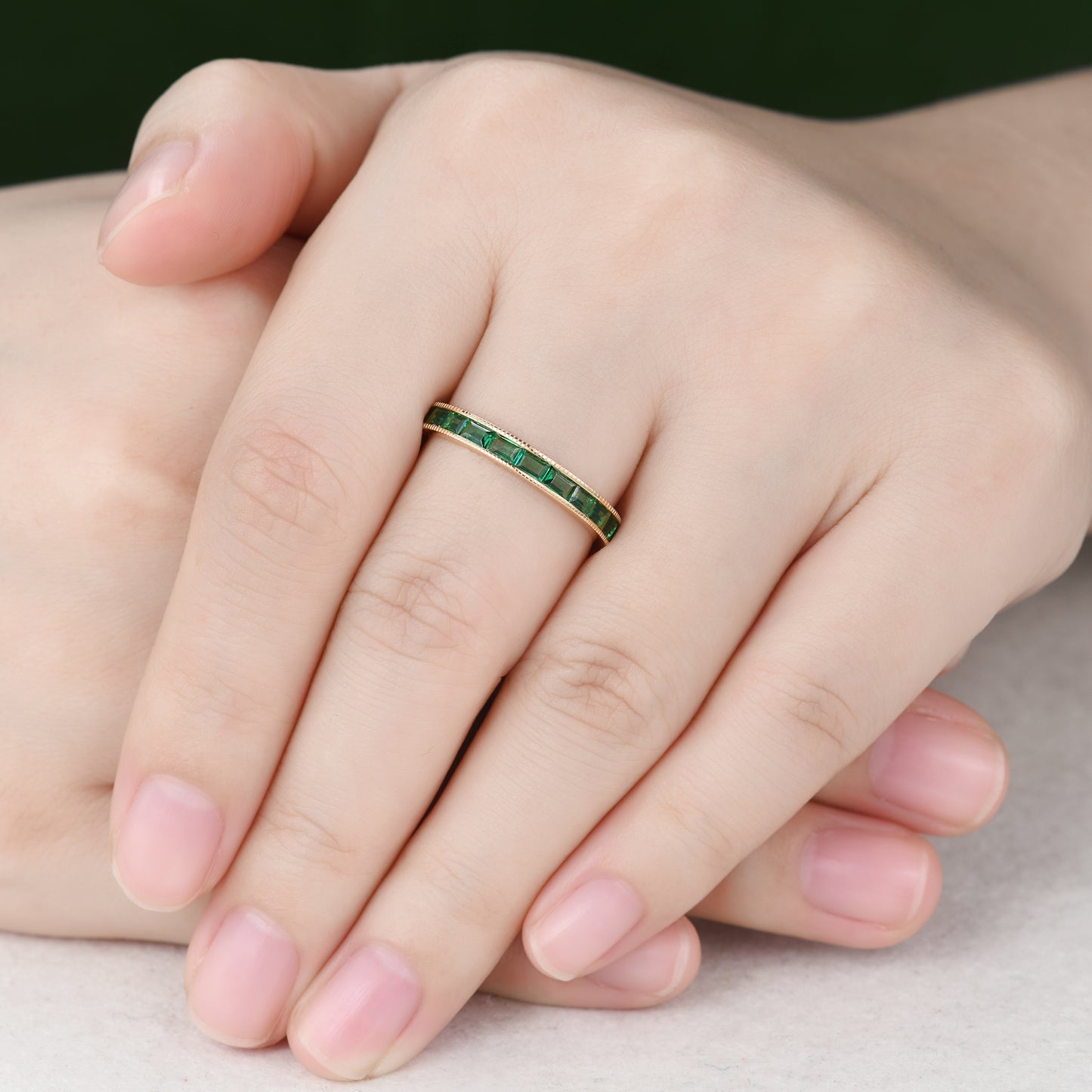 Milgrain Baguette Emerald Wedding Band Full Eternity Ring