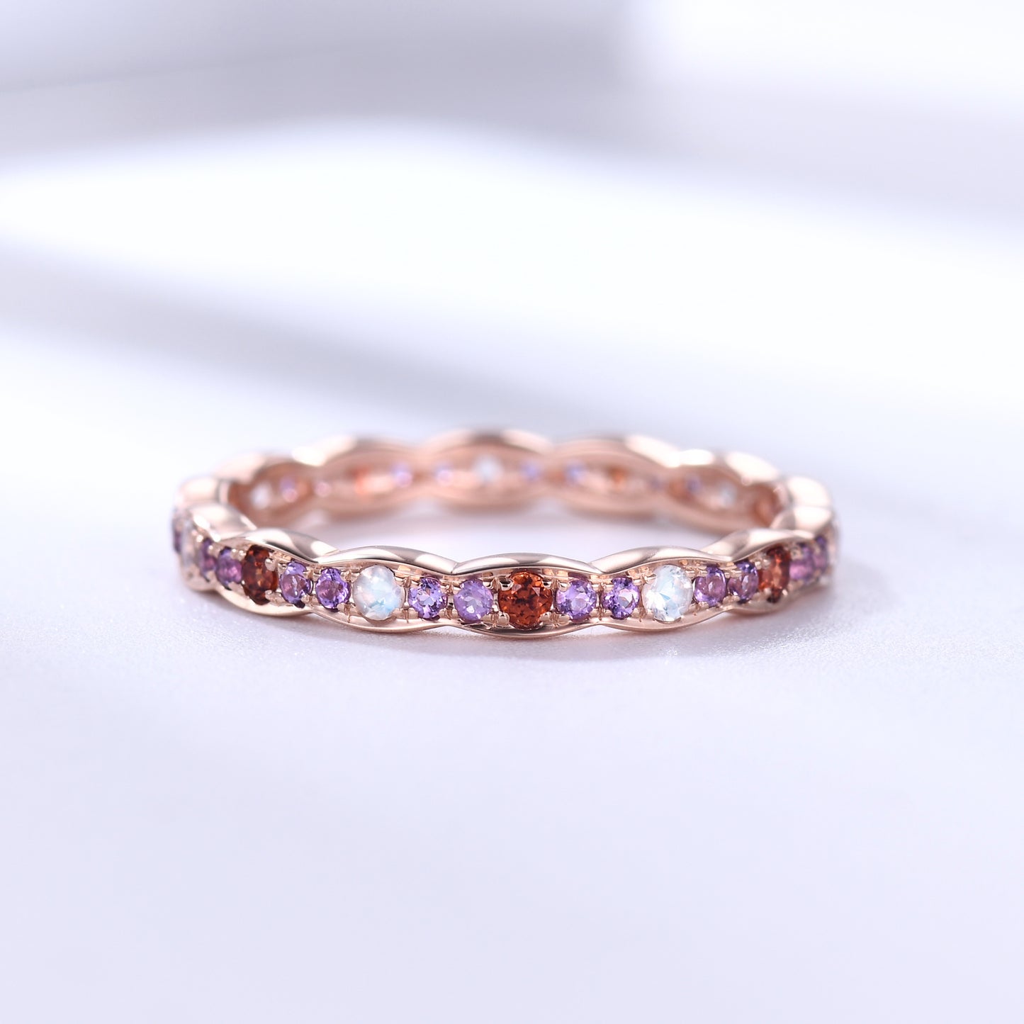 Moonstone Garnet Amethyst Rose Gold Wedding Band Full Eternity Ring