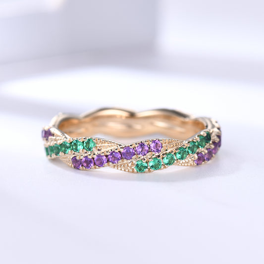 Twisted Emerald Amethyst Yellow Gold Wedding Band Full Eternity Ring For Women