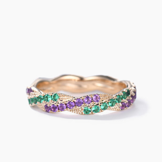 Twisted Emerald Amethyst Yellow Gold Wedding Band Full Eternity Ring For Women