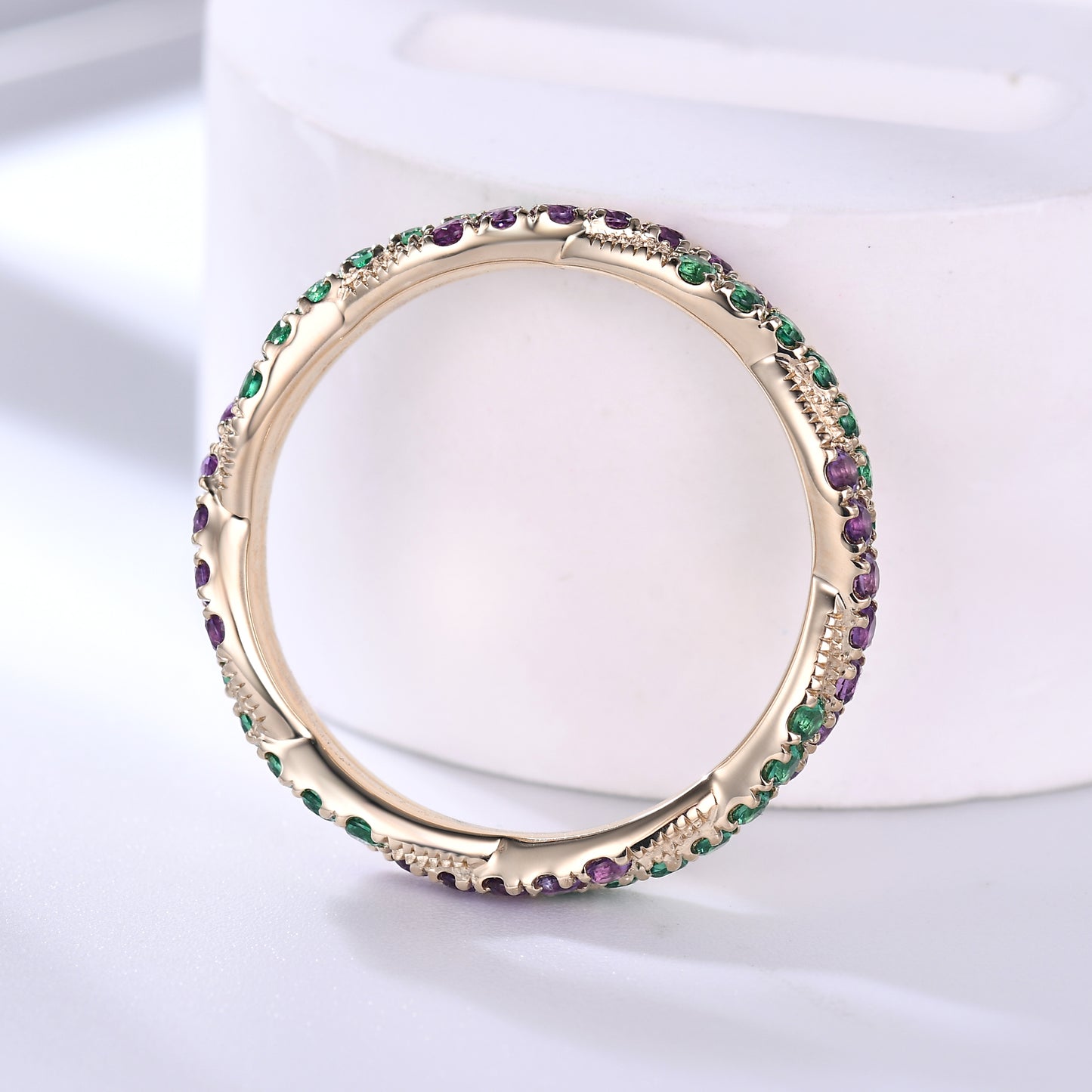 Twisted Emerald Amethyst Yellow Gold Wedding Band Full Eternity Ring For Women