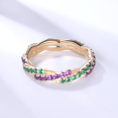 Twisted Emerald Amethyst Yellow Gold Wedding Band Full Eternity Ring For Women