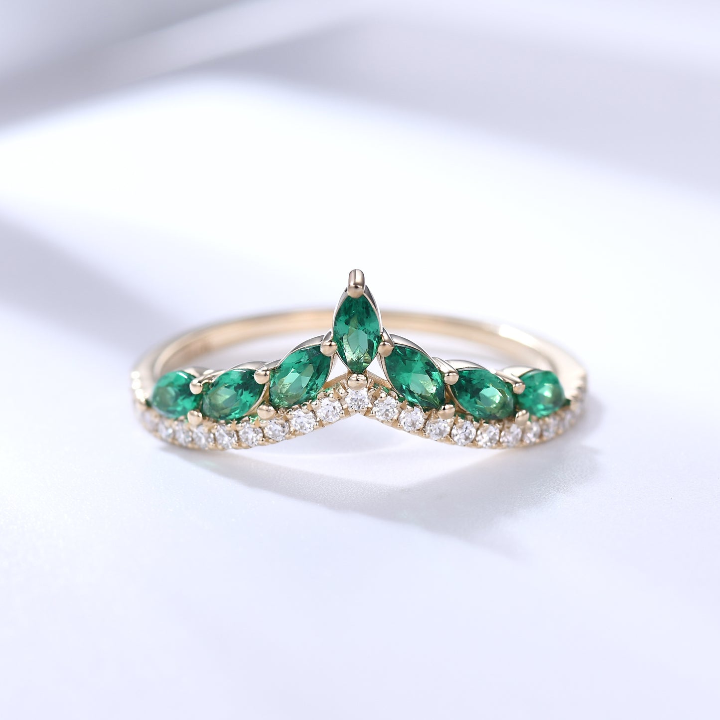 Marquise Emerald Curved Wedding Band Yellow Gold Moissanite Ring