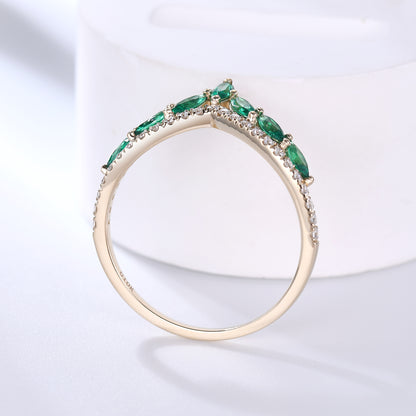 Marquise Emerald Curved Wedding Band Yellow Gold Moissanite Ring