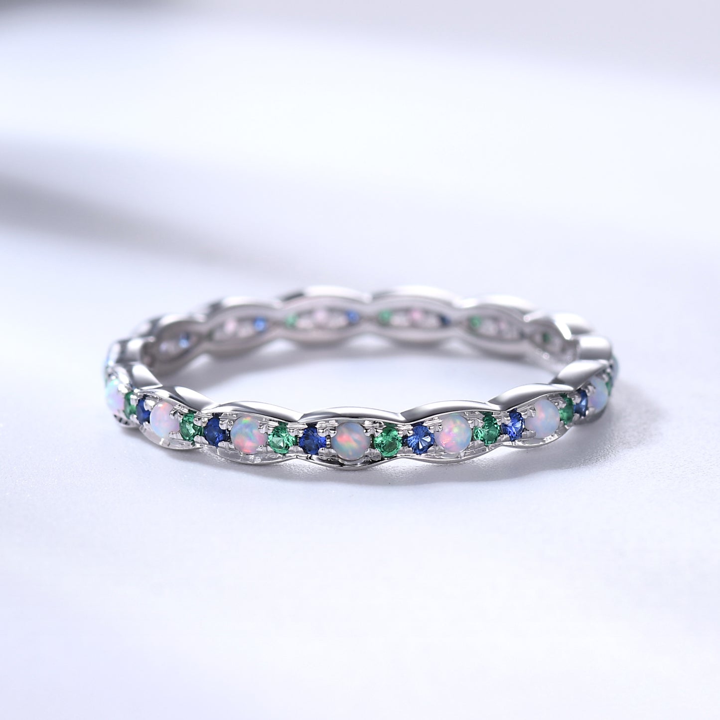 Family Birthstone White Gold Wedding Band Opal Emerald Sapphire Full Eternity Ring