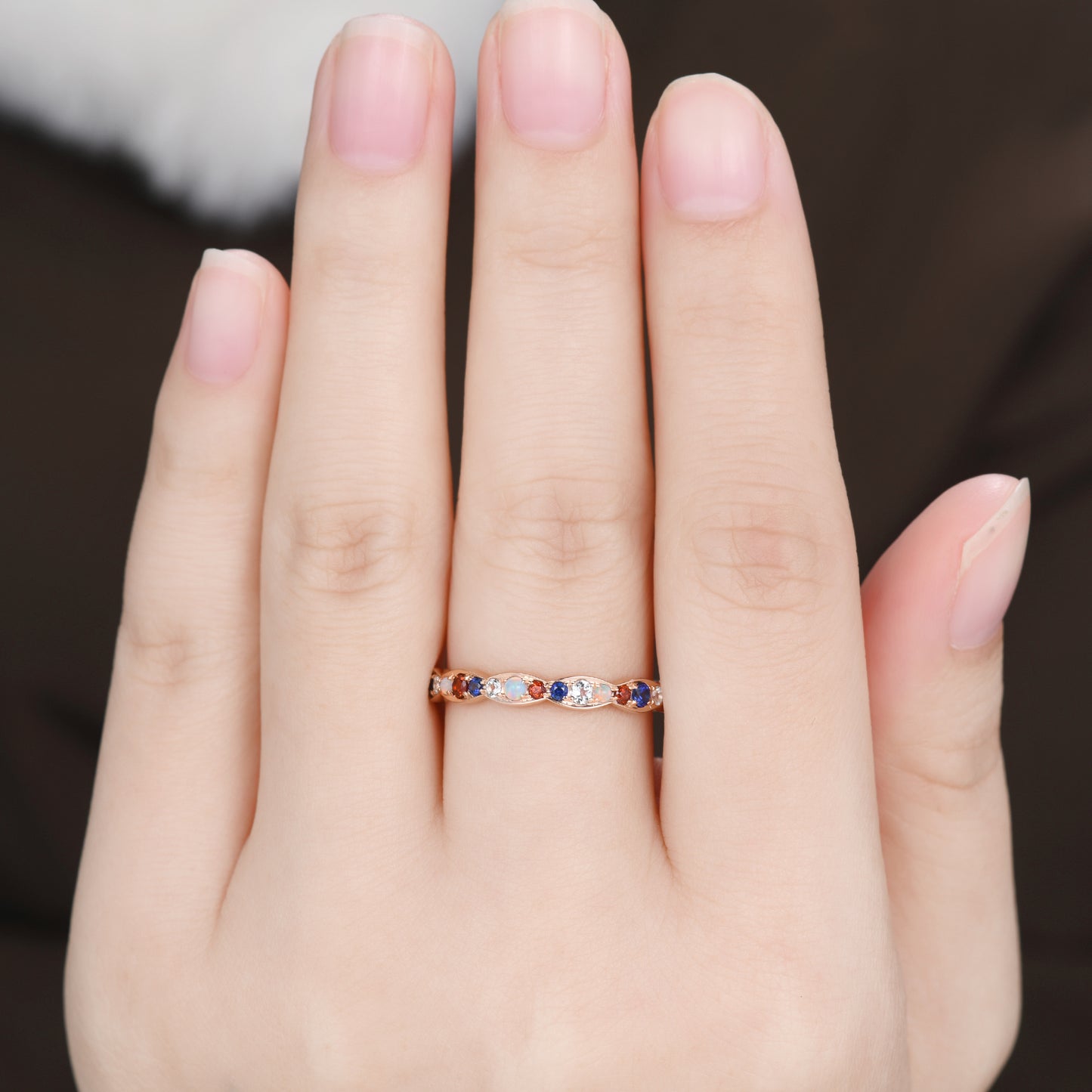 Family Birthstone Ring Rose Gold Wedding Band Multi Gemstone Full Eternity Ring