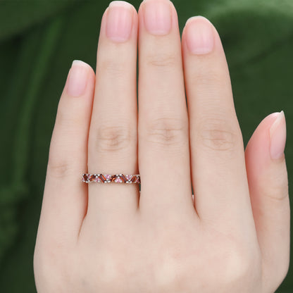 Red Garnet Cluster Wedding Band Pink Sapphire Stacking Ring for Women