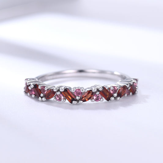 Red Garnet Cluster Wedding Band Pink Sapphire Stacking Ring for Women