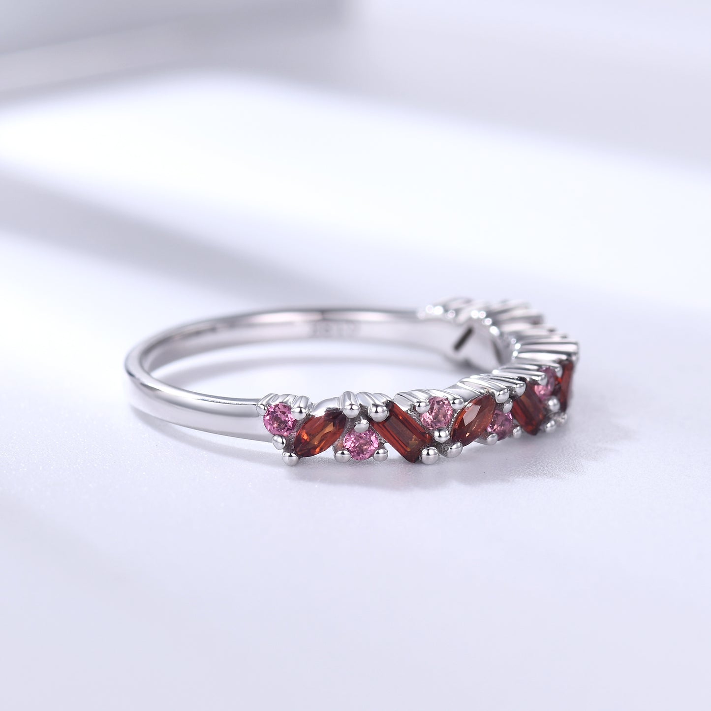 Red Garnet Cluster Wedding Band Pink Sapphire Stacking Ring for Women