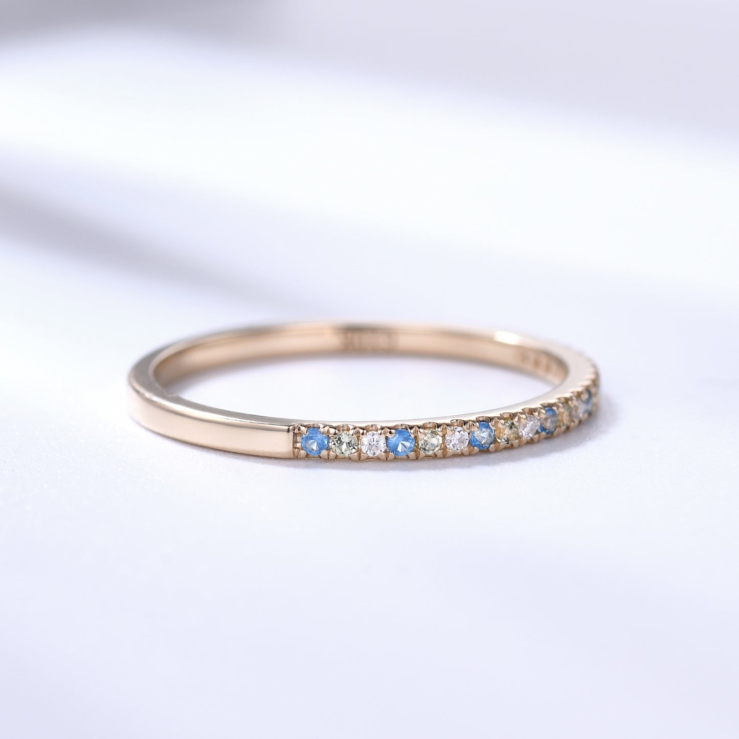 Petite Topaz Peridot Moissanite Yellow Gold Half Eternity Wedding Band Thin Stacking Ring