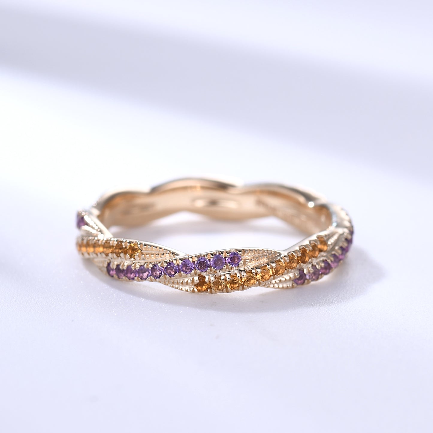 Twisted Amethyst Citrine Yellow Gold Double Wedding Band Full Eternity Ring For Women