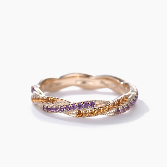 Twisted Amethyst Citrine Yellow Gold Double Wedding Band Full Eternity Ring For Women