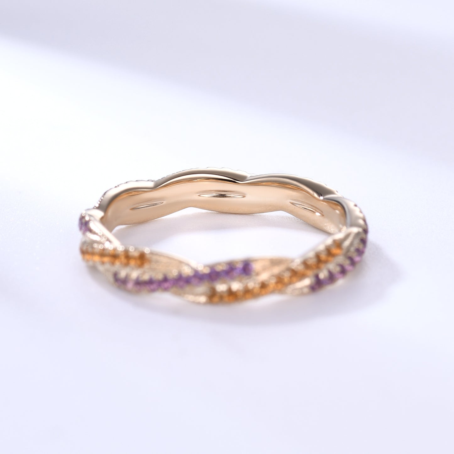 Twisted Amethyst Citrine Yellow Gold Double Wedding Band Full Eternity Ring For Women