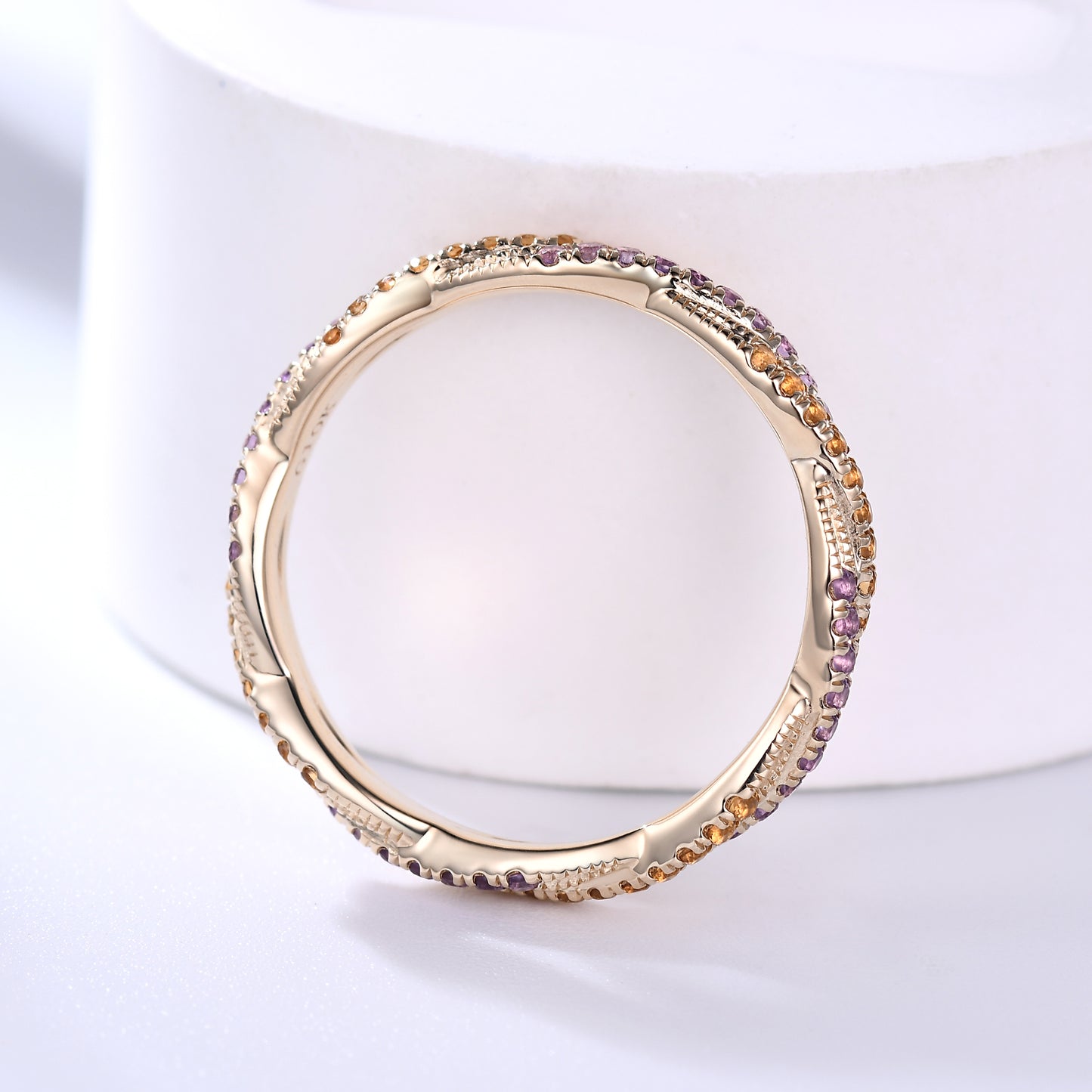 Twisted Amethyst Citrine Yellow Gold Double Wedding Band Full Eternity Ring For Women