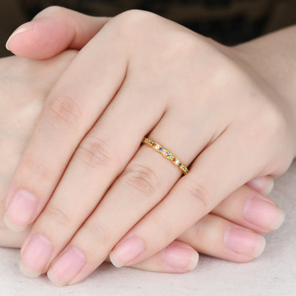 Moss Agate Wedding Band Family Birthstone Ring Yellow Gold Rainbow Rainbow Ring