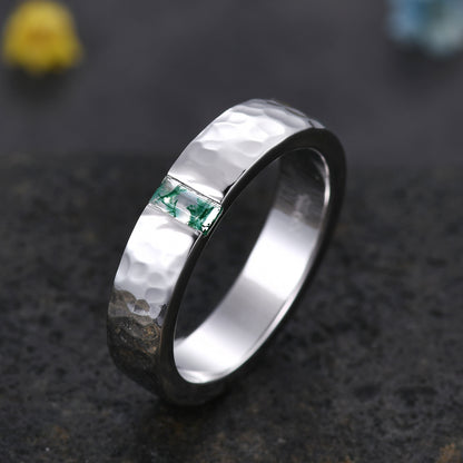 Baguette Green Moss Agate Mens Hammered Gold Wedding Band 5mm