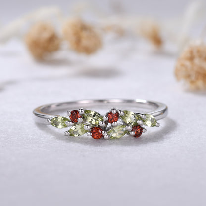 Birthstone Peridot Garnet Cluster Wedding Band White Gold Ring Multi-Color Band