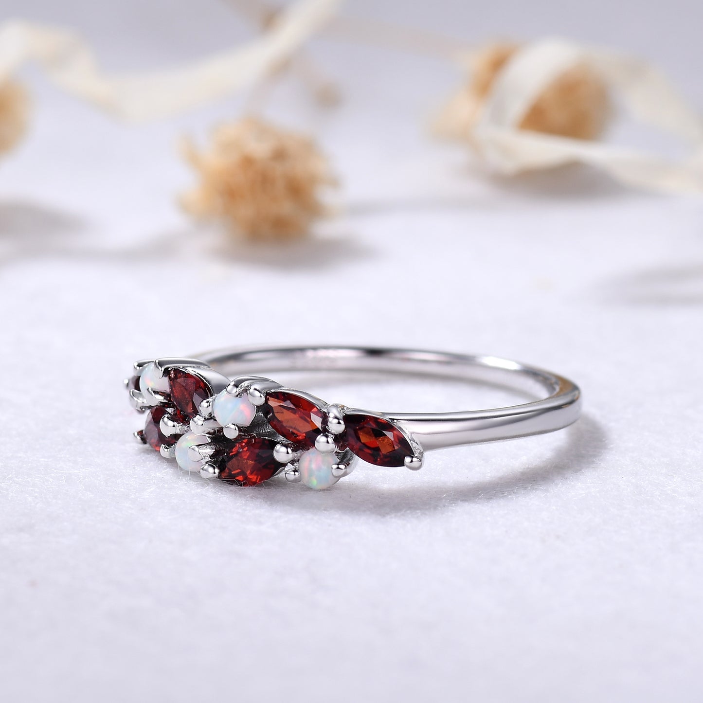 Birthstone Ring Opal Garnet Cluster Wedding Band 14k White Gold