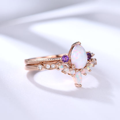 Unique Pear Opal Engagement Ring Set Rose Gold with Amethyst